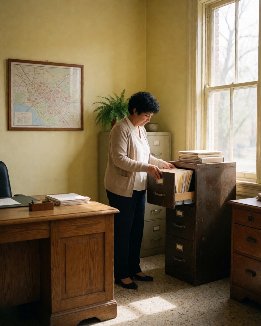 Une femme travaille dans un petit bureau professionnel avec murs jaunes, fenêtre, carte murale et plantes vertes sur le bureau.