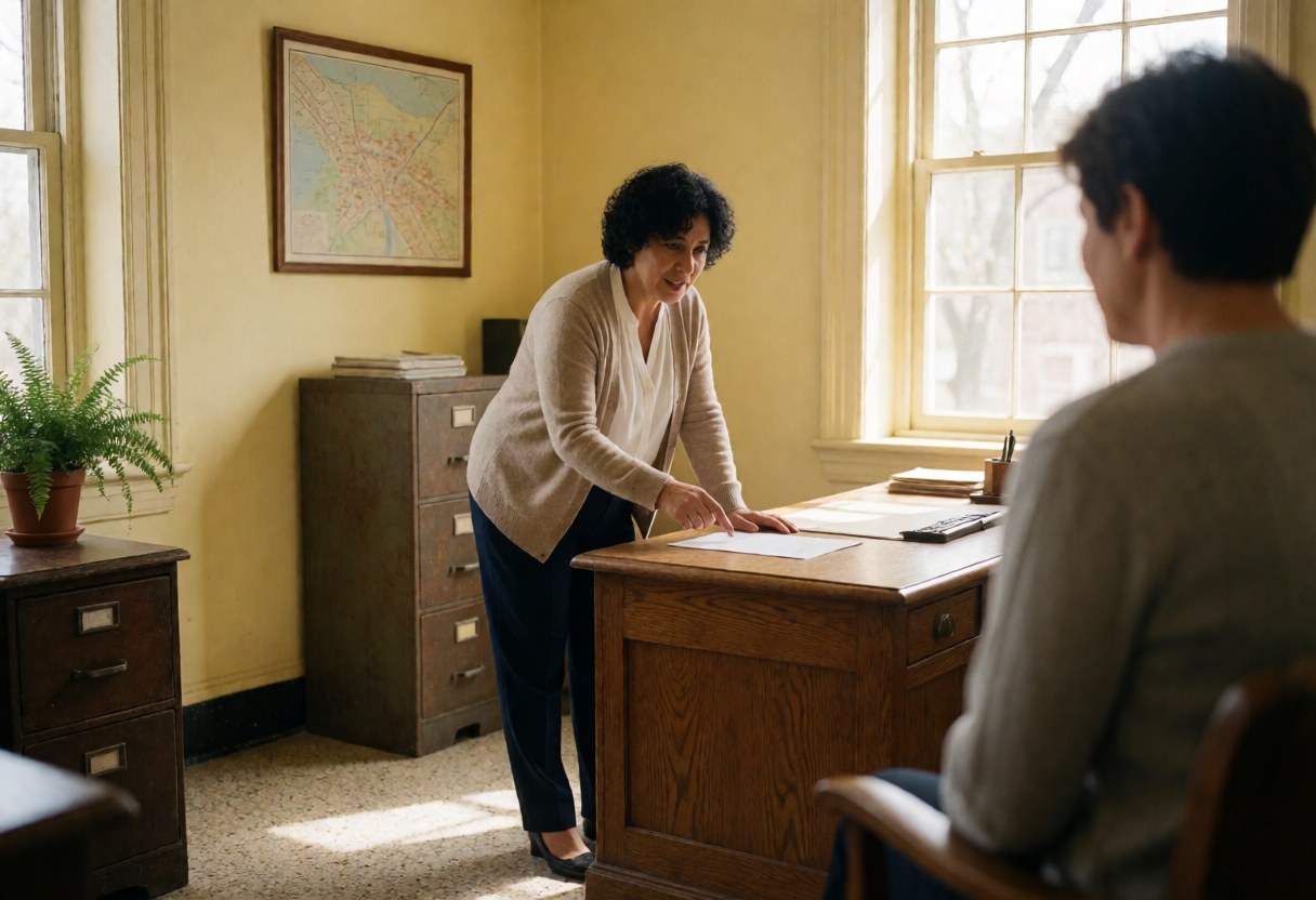 Une comptable assise à son bureau explique des documents financiers à un client lors d'une réunion de service personnalisé en cabinet.