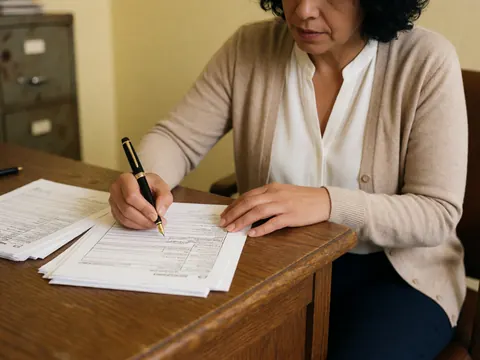Vue rapprochée d'une signature manuscrite sur un formulaire administratif posé sur un bureau en bois, évoquant la précision comptable.