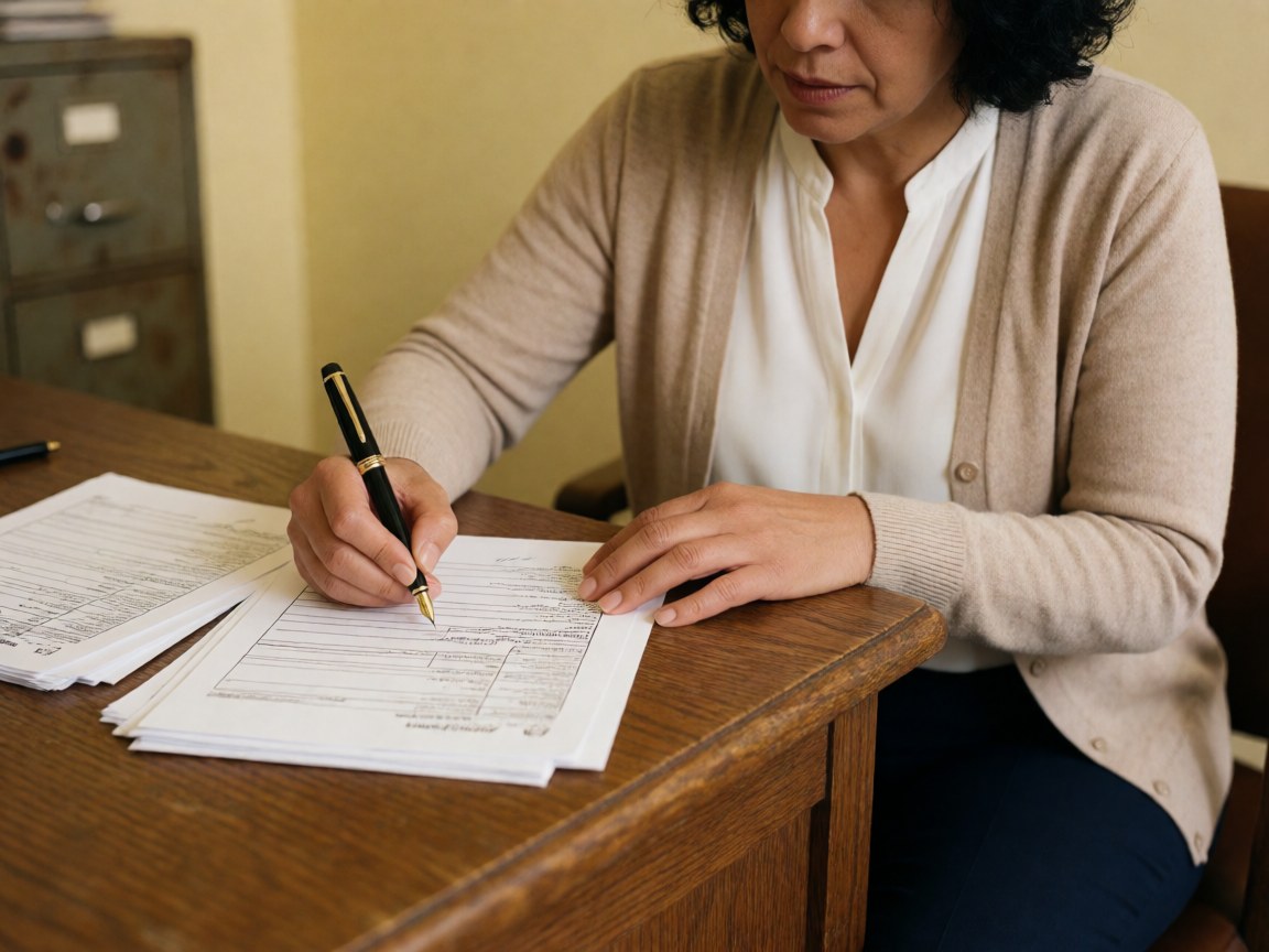 Vue rapprochée d'une signature manuscrite sur un formulaire administratif posé sur un bureau en bois, évoquant la précision comptable.