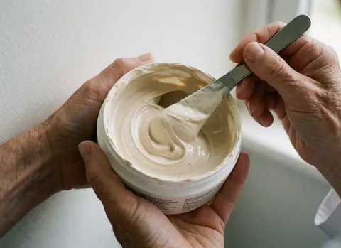 Gros plan d'un masque capillaire beige dans un pot blanc, appliqué avec une spatule métallique tenue par des mains. Lumière naturelle sur la texture crémeuse.