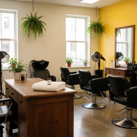 Intérieur d'un salon de coiffure moderne avec chaises noires, serviette blanche, produits sur comptoir en bois, mur jaune, plantes suspendues et lumière naturelle.