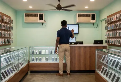 Un vendeur présente un smartphone allumé dans un magasin d'électronique, avec des vitrines exposant des téléphones, des murs verts et un ventilateur au plafond.