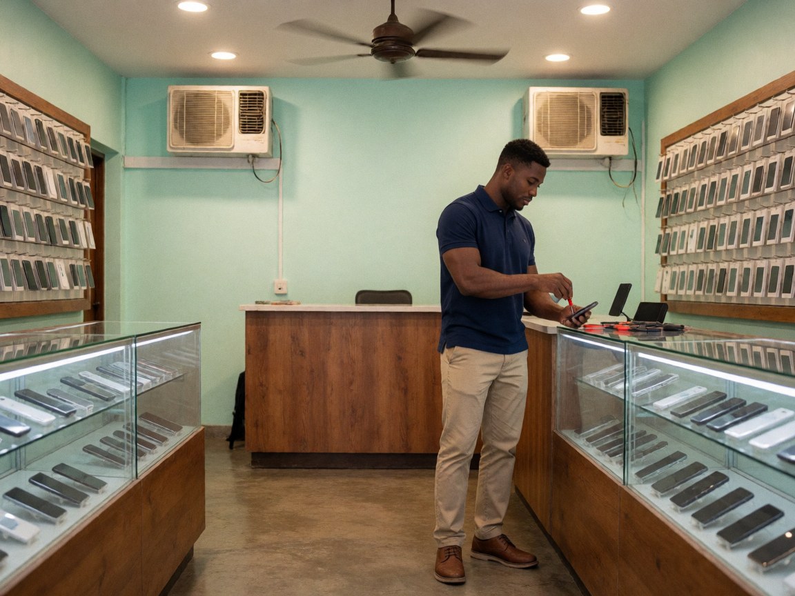 Technicien réparant un smartphone avec un tournevis dans une boutique d'électronique aux murs verts, vitrines et sol poli.