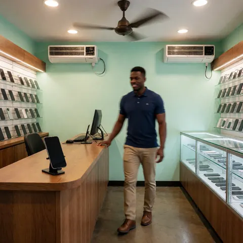 Un smartphone neuf posé sur un support en bois devant une vitrine de magasin de technologie avec mur vert, climatiseur et ventilateur visibles.