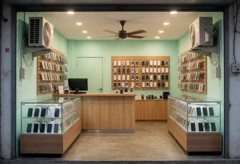 Intérieur moderne d'une boutique de smartphones présentant des murs verts menthe, des comptoirs en verre, un climatiseur et un ventilateur pour une expérience d'achat agréable.
