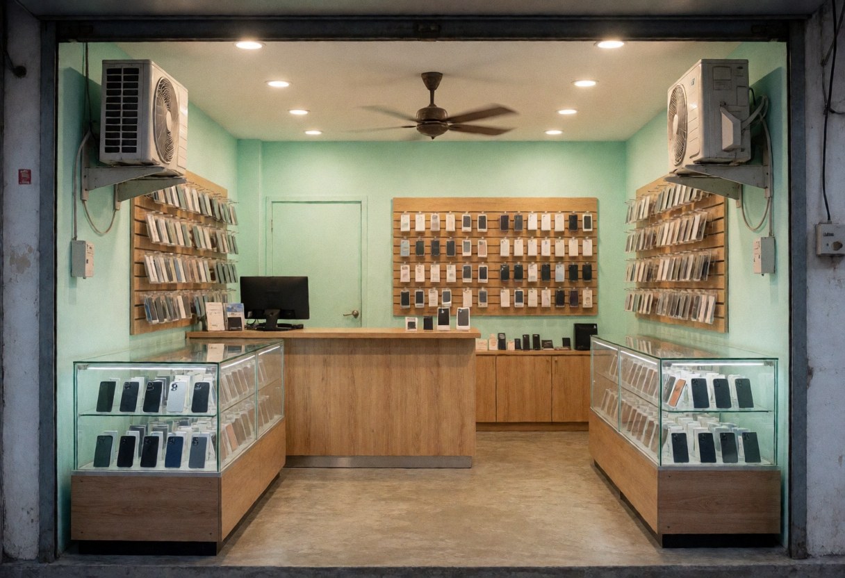 Intérieur moderne d'une boutique de smartphones présentant des murs verts menthe, des comptoirs en verre, un climatiseur et un ventilateur pour une expérience d'achat agréable.