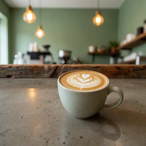 Gros plan d'un café latte servi dans une tasse blanche posée sur un comptoir en béton avec un mur vert en arrière-plan, évoquant une ambiance chaleureuse et minimaliste.