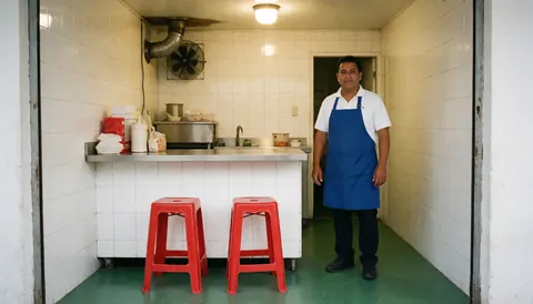 Vue d'une cuisine de restaurant de restauration rapide propre et professionnelle, avec des chaises rouges, des murs blancs et un sol vert.