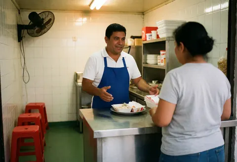 Un serveur souriant effectue une transaction avec un client devant un comptoir de restaurant de restauration rapide.