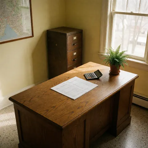 Un bureau en bois clair sur lequel repose un rapport imprimé et une calculatrice. La scène est éclairée par la lumière naturelle venant d'une fenêtre, avec un mur jaune en arrière-plan.
