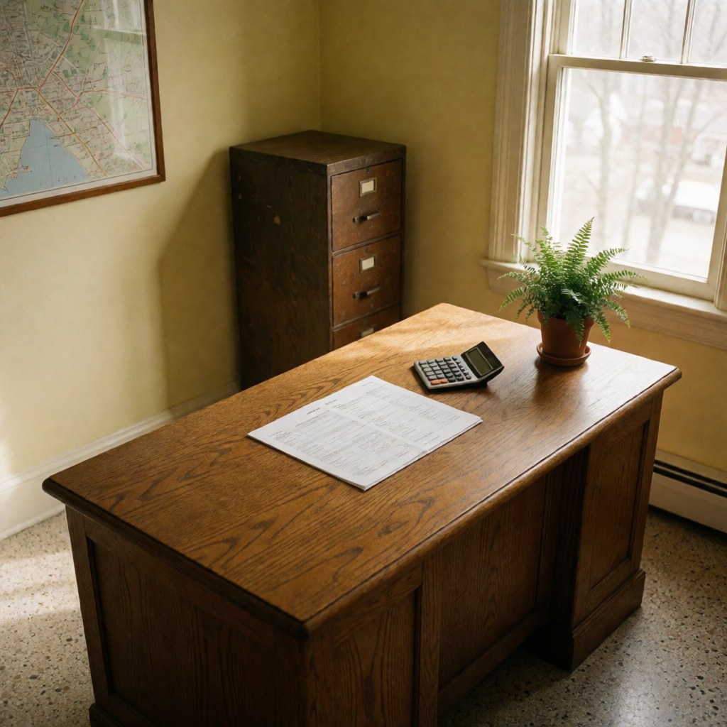 Un bureau en bois clair sur lequel repose un rapport imprimé et une calculatrice. La scène est éclairée par la lumière naturelle venant d'une fenêtre, avec un mur jaune en arrière-plan.