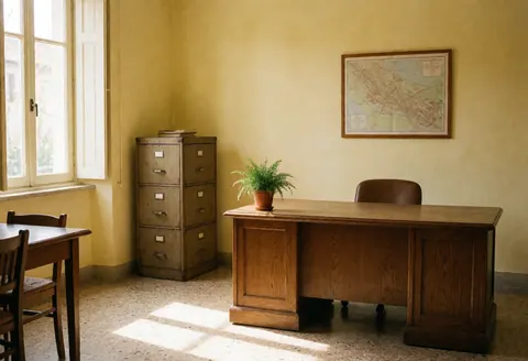 Un bureau d'architecte vide avec un grand plan architectural sur une table en bois clair, éclairé par la lumière naturelle.