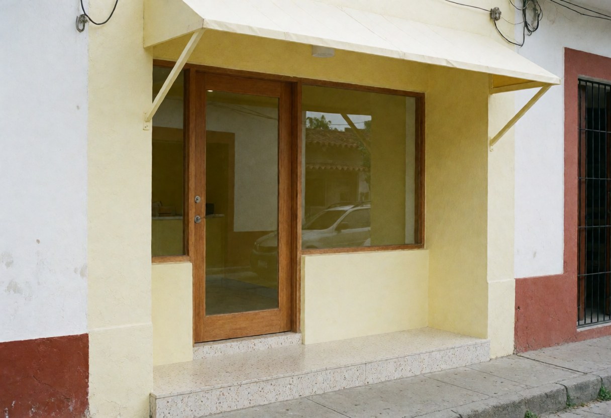 Vue de la façade extérieure d'un cabinet comptable avec une porte en bois, un mur jaune et un escalier en terrazzo sous un auvent.