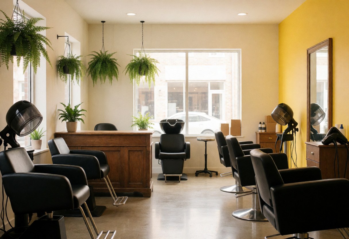 Intérieur d'un salon de coiffure vide avec chaises noires, miroirs, plantes suspendues, murs jaunes et fenêtres laissant entrer la lumière naturelle.