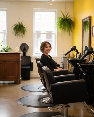 Une cliente souriante assise dans un salon de coiffure avec une chaise noire, un mur jaune, des plantes suspendues et une fenêtre laissant entrer la lumière naturelle.