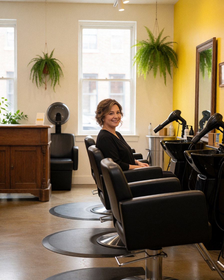 Une cliente souriante assise dans un salon de coiffure avec une chaise noire, un mur jaune, des plantes suspendues et une fenêtre laissant entrer la lumière naturelle.