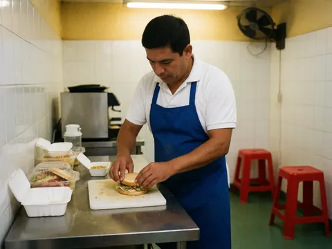 Un homme prépare un hamburger sur une table en acier inoxydable dans une petite cuisine aux murs blancs, avec des chaises rouges et un ventilateur en arrière-plan.