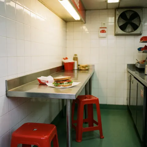 Un sandwich appétissant accompagné de frites et d'une boisson posés sur une table en acier inoxydable dans un restaurant au sol vert et murs blancs.