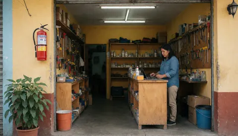 Une femme travaille dans une quincaillerie aux murs jaunes, avec des étagères en bois, un extincteur rouge et une plante près de l'entrée.