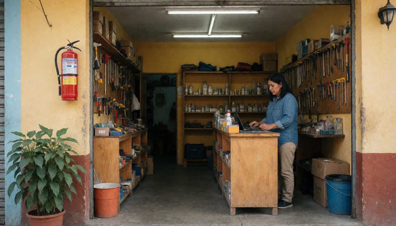 Une femme travaille dans une quincaillerie aux murs jaunes, avec des étagères en bois, un extincteur rouge et une plante près de l'entrée.