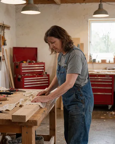 Gros plan sur les mains d'une femme menuisière utilisant une perceuse pour travailler un morceau de bois dans son atelier.