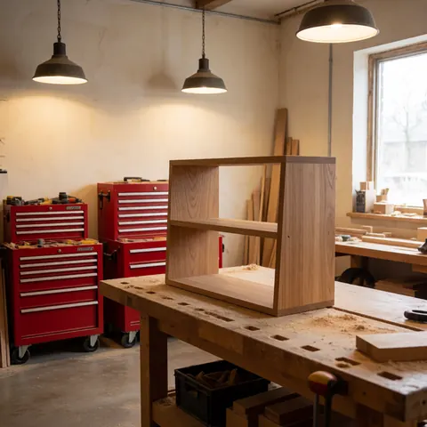 Étagère en bois fini posée dans un atelier avec outils, lumières suspendues et fenêtre laissant entrer la lumière naturelle.