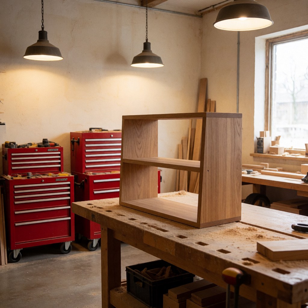 Étagère en bois fini posée dans un atelier avec outils, lumières suspendues et fenêtre laissant entrer la lumière naturelle.