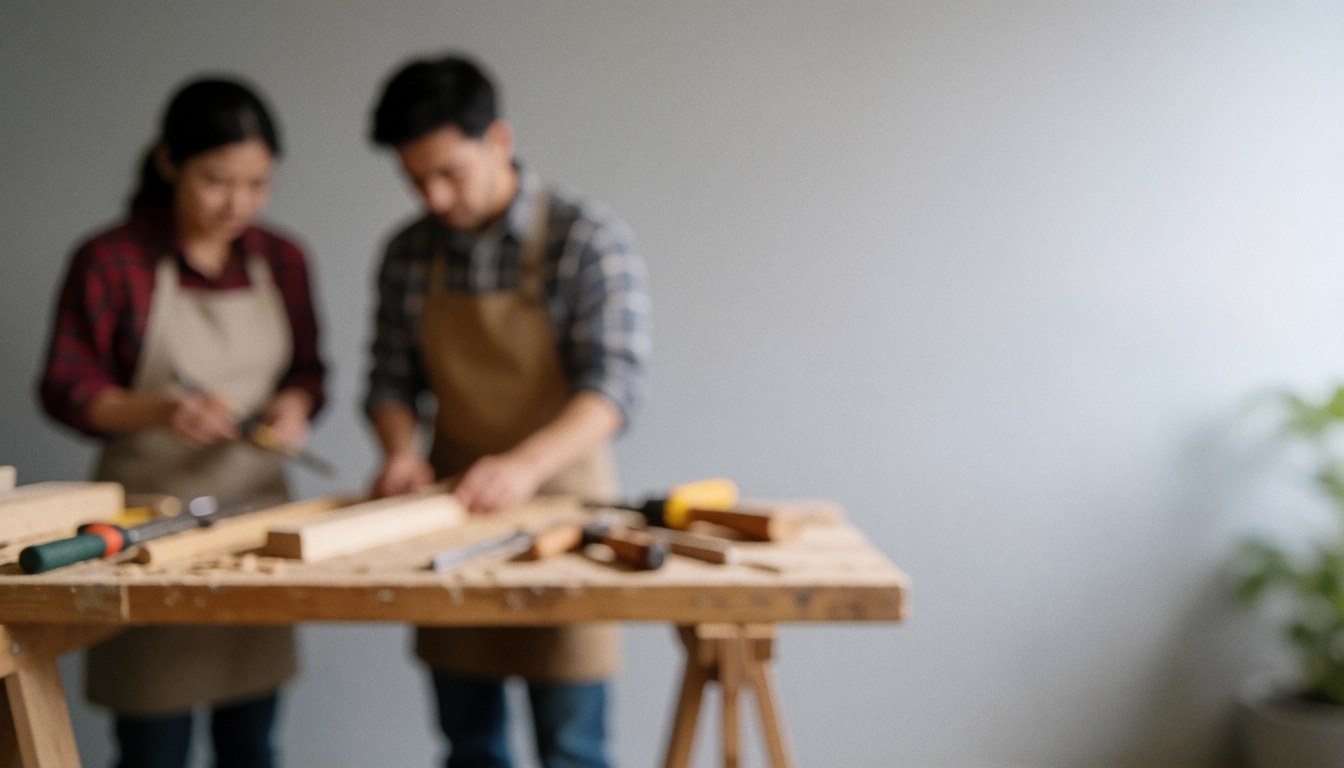 Établi en bois pour la menuiserie équipé d'outils divers sur un fond uni clair offrant un espace vide à droite pour insérer du texte commercial.
