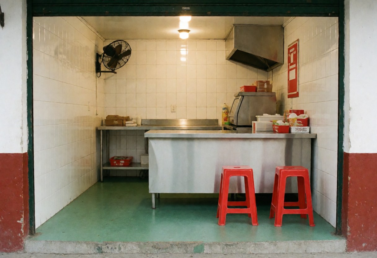 Vue extérieure et intérieure d'un petit restaurant de restauration rapide avec tables en acier, chaises rouges et sol vert.