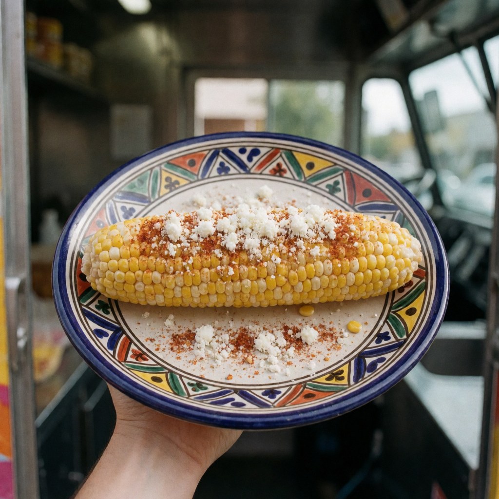 Un épi de maïs grillé et assaisonné, prêt à être mangé, présenté dans une assiette en céramique colorée, typique de la street food mexicaine.