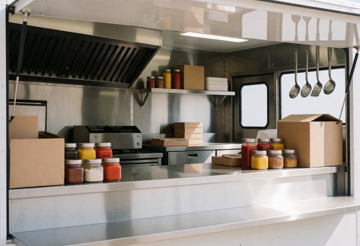 Vue intérieure d'un food truck propre et moderne, équipé d'une cuisinière, de condiments, de cuillères suspendues et de boîtes de repas prêtes à être servies.