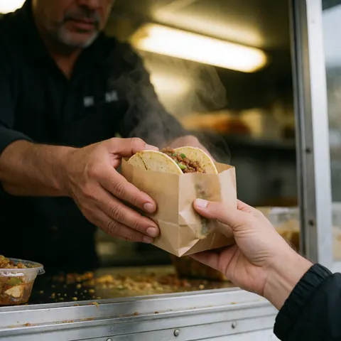 Un homme tend des tacos fumants à un client depuis l'intérieur d'un véhicule de restauration mobile, dans une ambiance chaleureuse et réaliste.