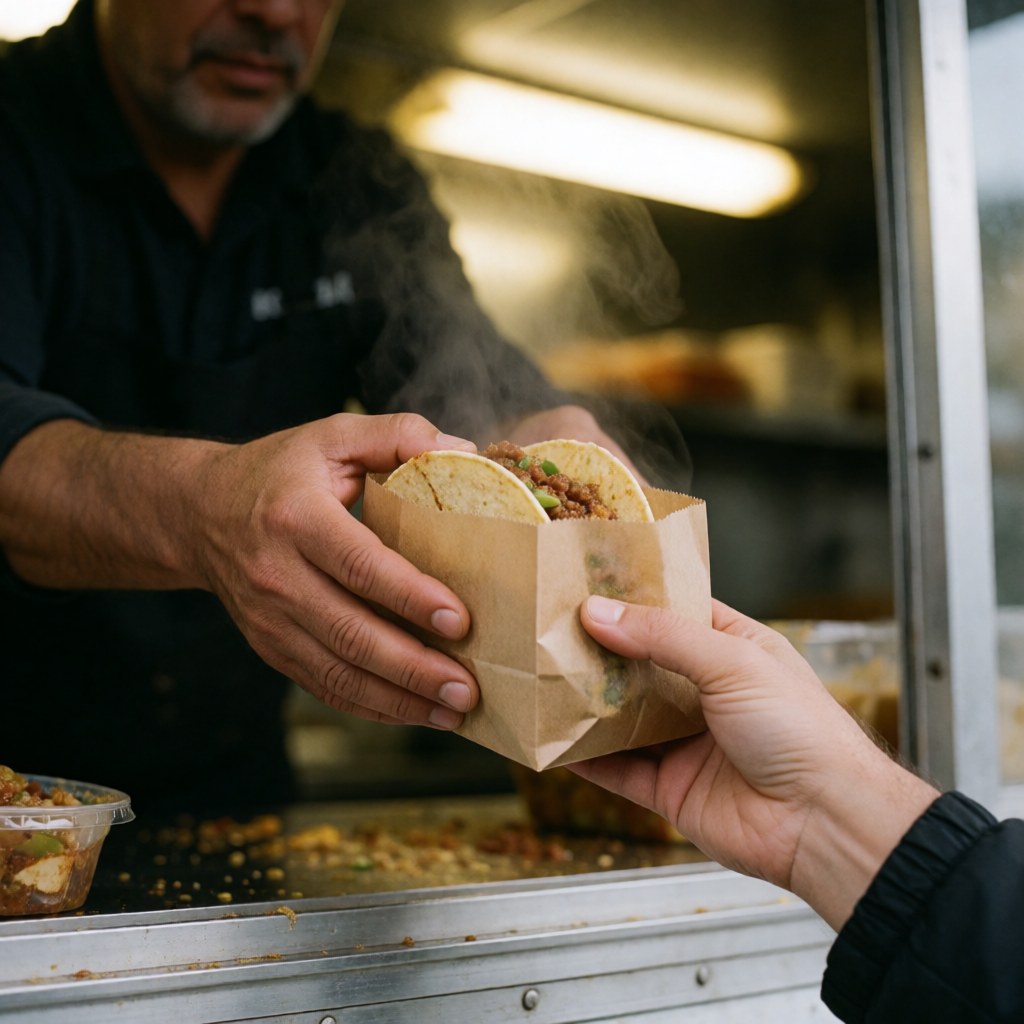 Un homme tend des tacos fumants à un client depuis l'intérieur d'un véhicule de restauration mobile, dans une ambiance chaleureuse et réaliste.