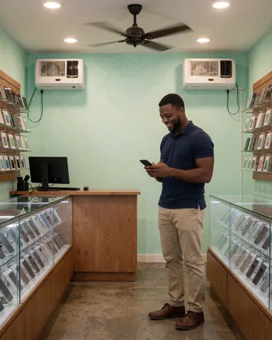 Une cliente souriante utilise son smartphone dans un magasin d'électronique aux murs verts et aux vitrines remplies de téléphones et accessoires.