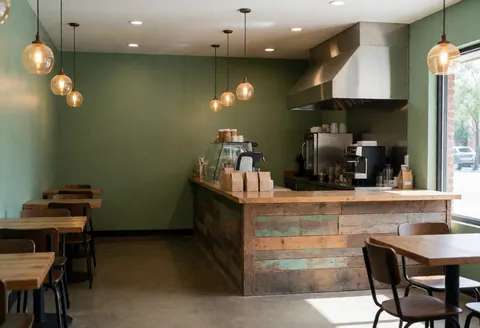 Vue intérieure d'une cafétéria aux murs verts, dotée d'un comptoir en bois rustique, de suspensions lumineuses et de tables vides prêtes à accueillir la clientèle.