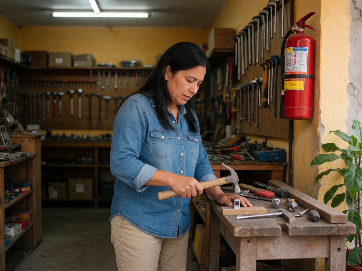 Gros plan sur des mains effectuant un travail manuel précis à l'aide d'outils dans un atelier de quincaillerie.
