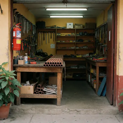 Tuyaux en cuivre disposés sur un établi en bois dans une quincaillerie avec outils, extincteur rouge et plantes sur fond jaune.