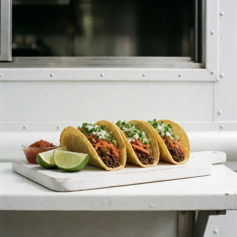 Des tacos aux couleurs vives disposés sur une planche en bois blanc, mettant en valeur la fraîcheur et l'appétance du produit.