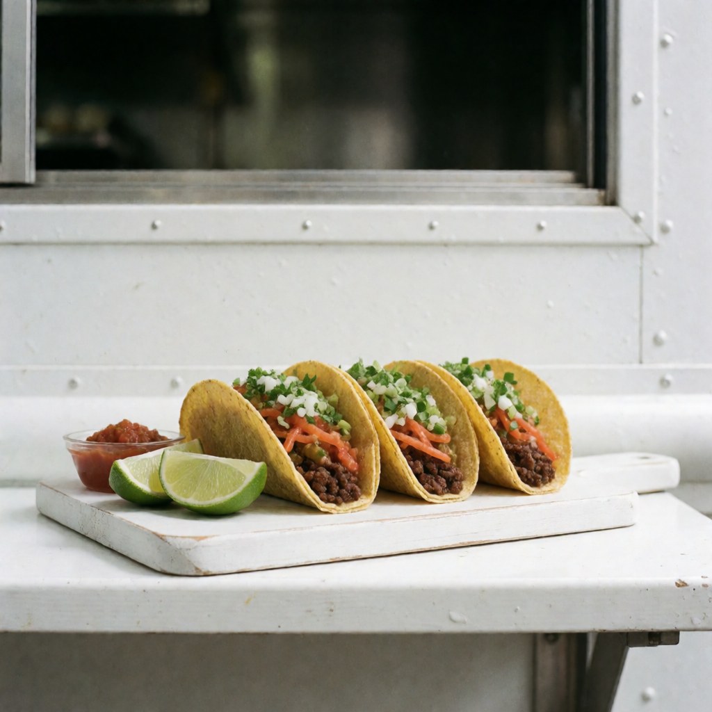 Des tacos aux couleurs vives disposés sur une planche en bois blanc, mettant en valeur la fraîcheur et l'appétance du produit.