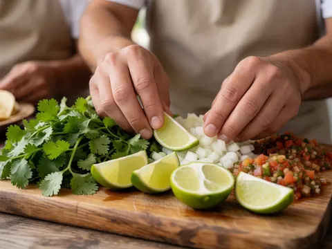 Des mains préparent des ingrédients frais comme la coriandre et l'oignon sur une planche à découper en bois pour des tacos.