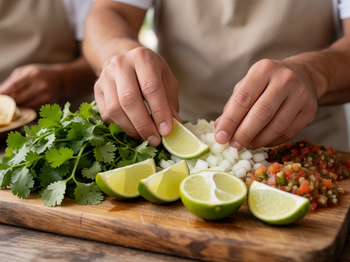 Des mains préparent des ingrédients frais comme la coriandre et l'oignon sur une planche à découper en bois pour des tacos.
