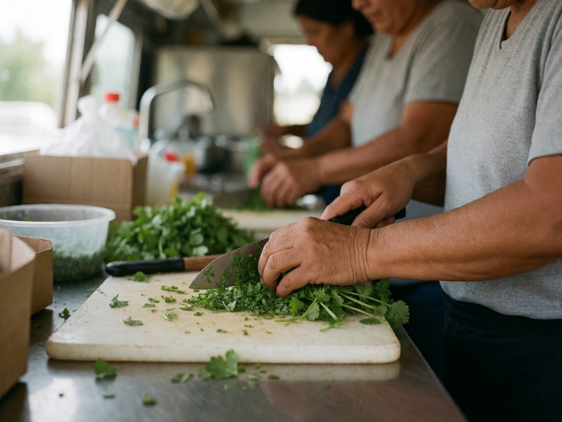 Mains coupant du coriandre fraîche sur une planche avec un couteau, dans un environnement de cuisine mobile.