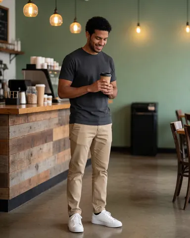 Un client heureux savoure son café dans une cafeterie chaleureuse avec un comptoir en bois et des murs verts.