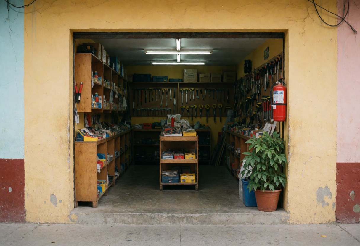 Façade et intérieur d'une quincaillerie avec murs jaunes, étagères en bois, extincteur rouge et plante verte. Rayons d'outils manuels et électriques pour la construction.