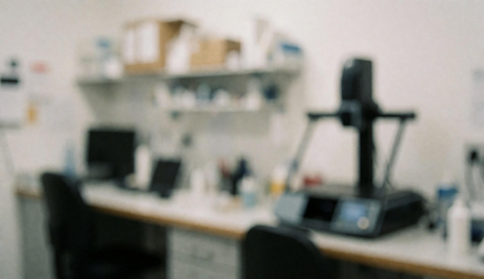 Arrière-plan flou d'un laboratoire d'orthopédie avec bureau, étagère et équipement médical. Idéal pour textes, ambiance professionnelle et propre.