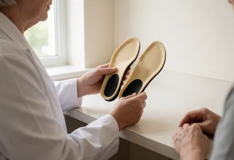 Le podologue ajuste des semelles orthopédiques sur un patient lors d'une consultation médicale en cabinet.