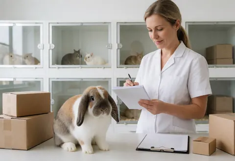 Une femme vérifie des documents près d'un lapin à oreilles tombantes sur une table, avec des cartons et des chats en arrière-plan.