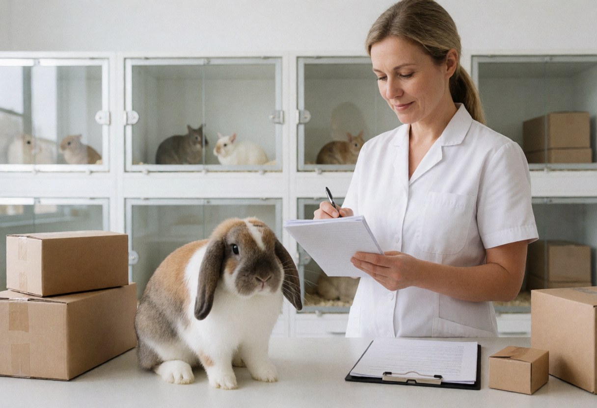 Une femme vérifie des documents près d'un lapin à oreilles tombantes sur une table, avec des cartons et des chats en arrière-plan.