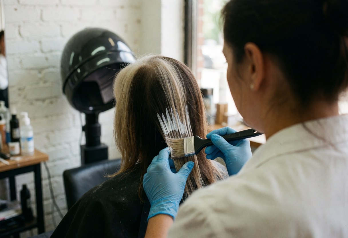 Coiffeuse appliquant du colorant sur les cheveux avec un pinceau dans un salon de coiffure moderne.